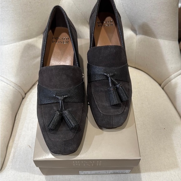 Donald J. Pliner Dark Brown Suede Tassel Loafer with Textured Band - Picture 2 of 14